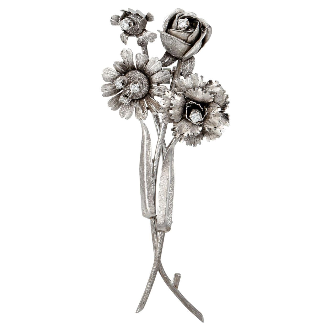 Trembling Brooch 'Bouquet' with Diamonds Approx. 0.3 Ct For Sale