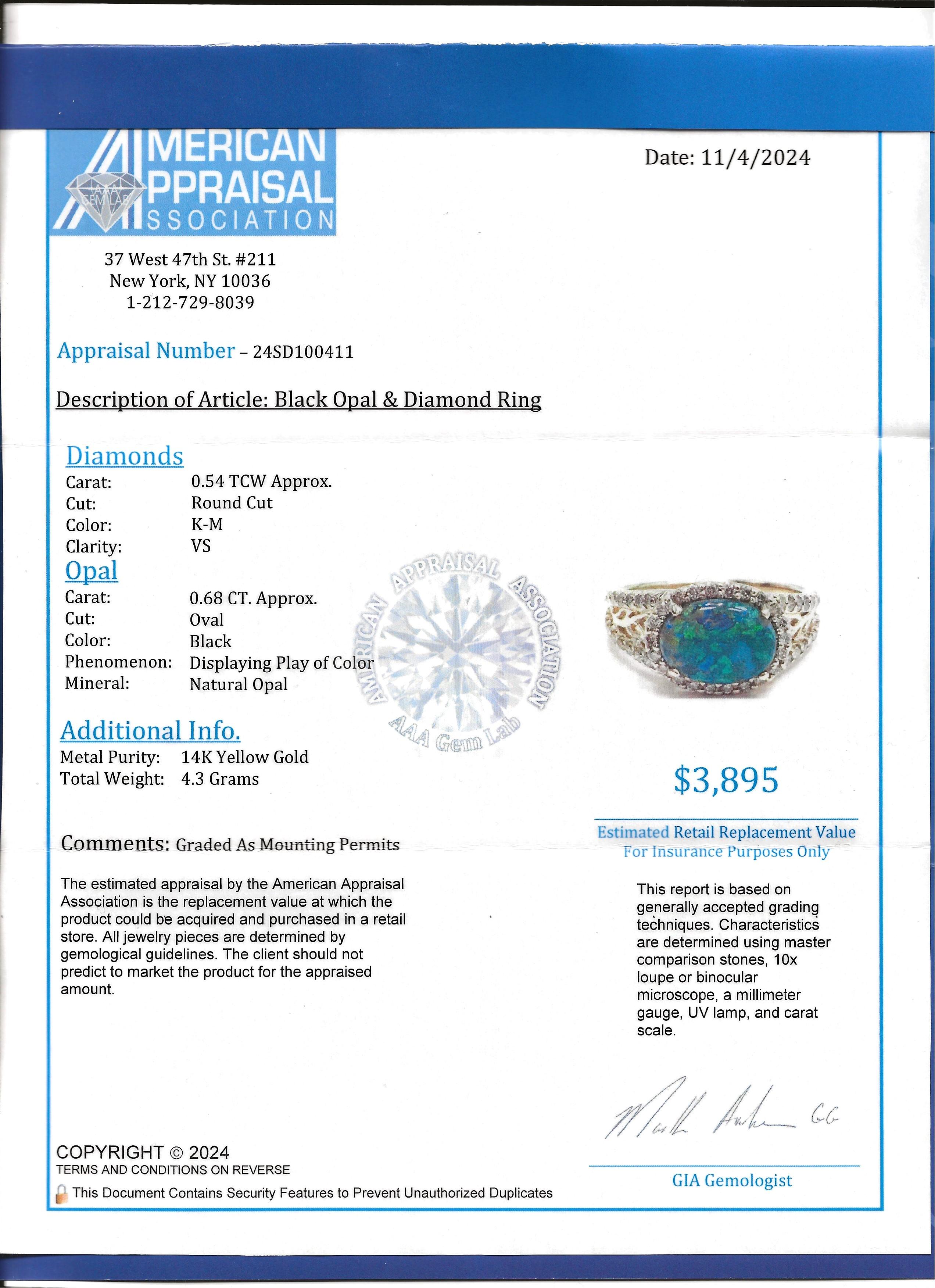 Tremonti East-West Oval Cut Black Opal Ring with Diamond Halo in 14 Karat Gold 8