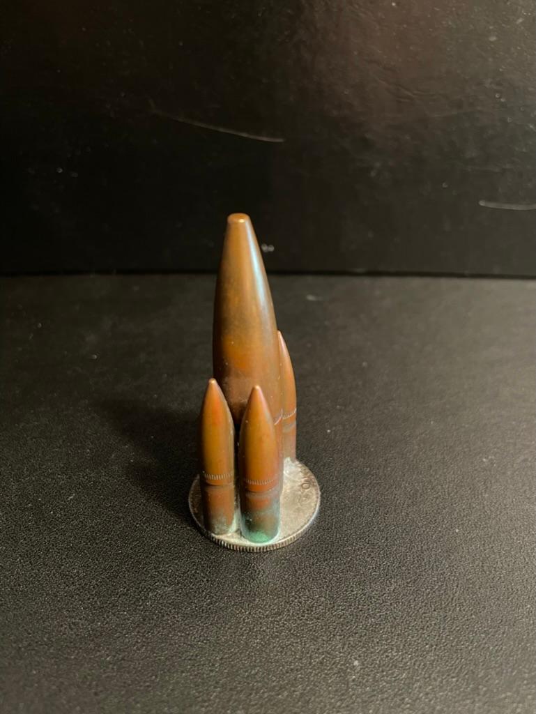 Mid-Century Modern Trench Art Copper Bullet Paperweight 1944 Australia Sterling Silver Florin For Sale