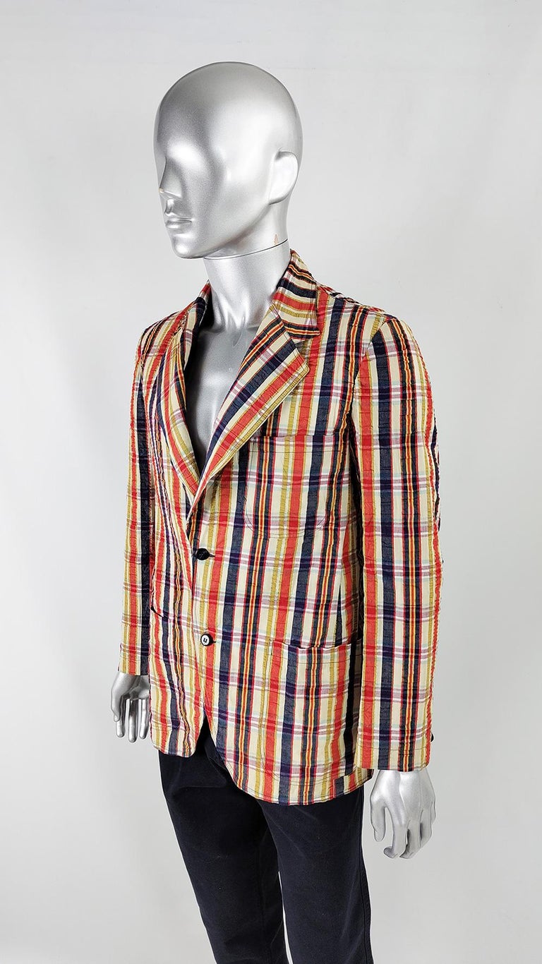 Trenco Vintage Mens 70s Red Plaid Seersucker Blazer Jacket, 1970s For
