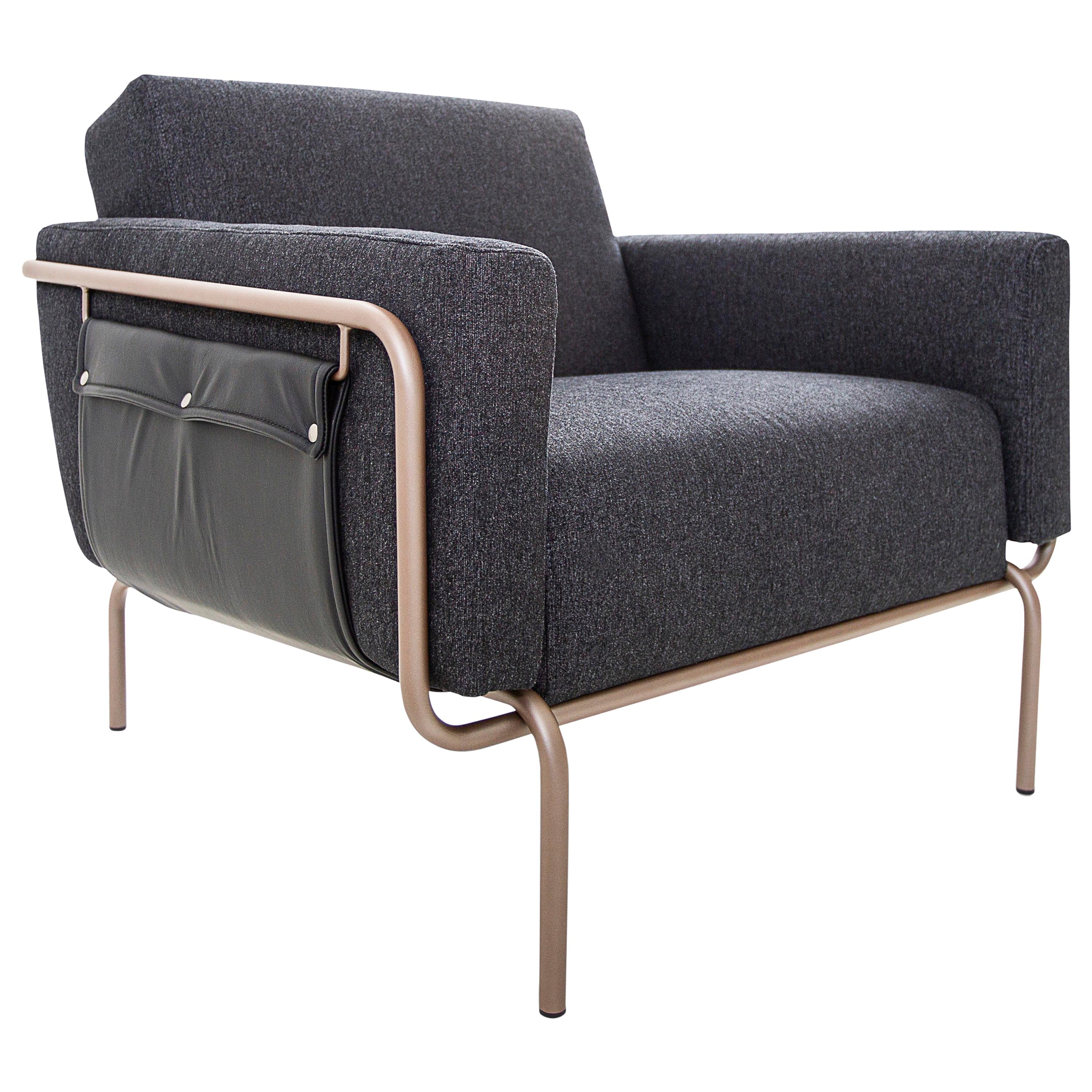 Trend Armchair Metal Frame with Black Fabric and Black Leather For Sale