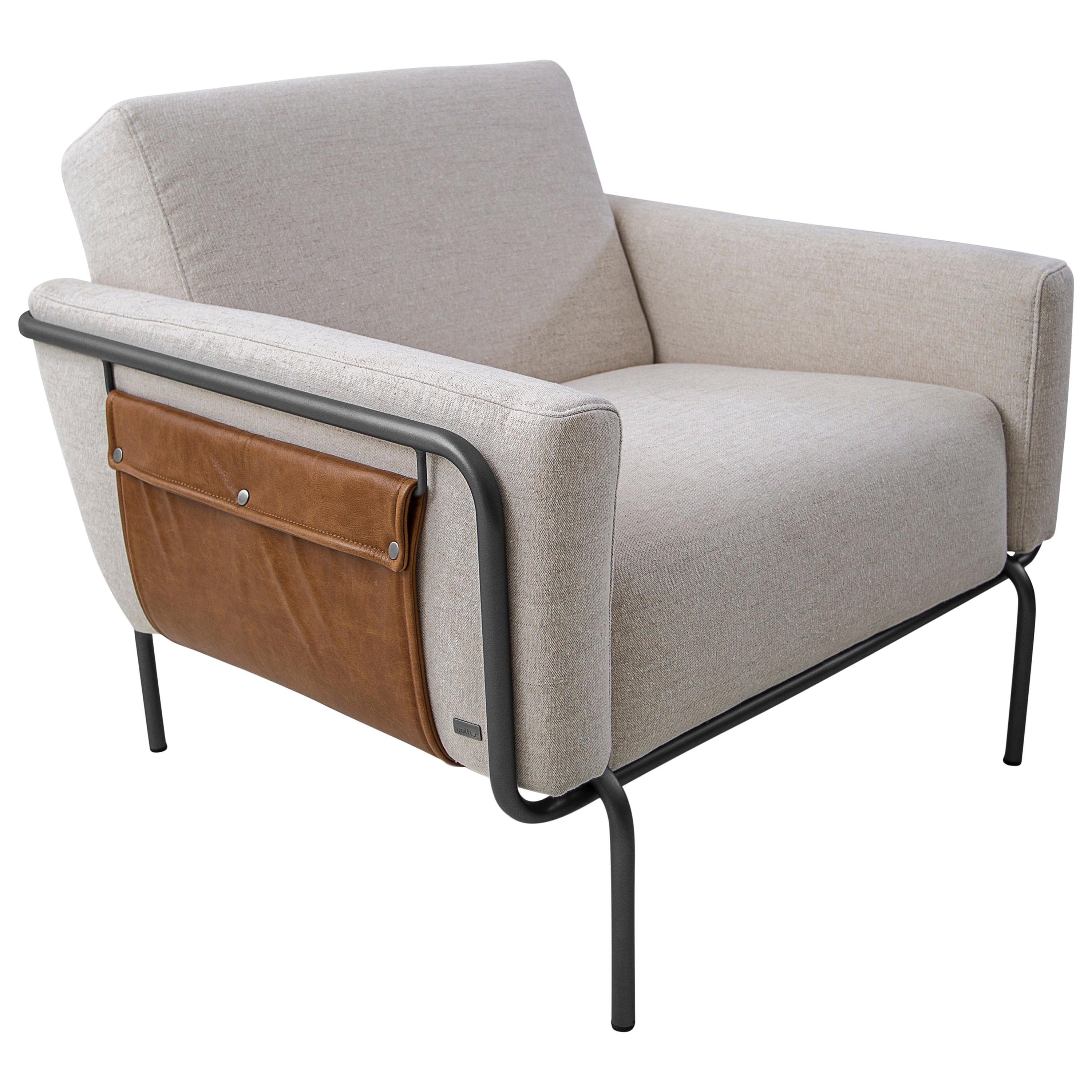 Trend Armchair, Metal Frame with Ivory Fabric and Brown Leather For