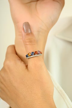 Trendy 14K Solid White Gold Square Multi-Sapphires & Diamond Band Ring for Her