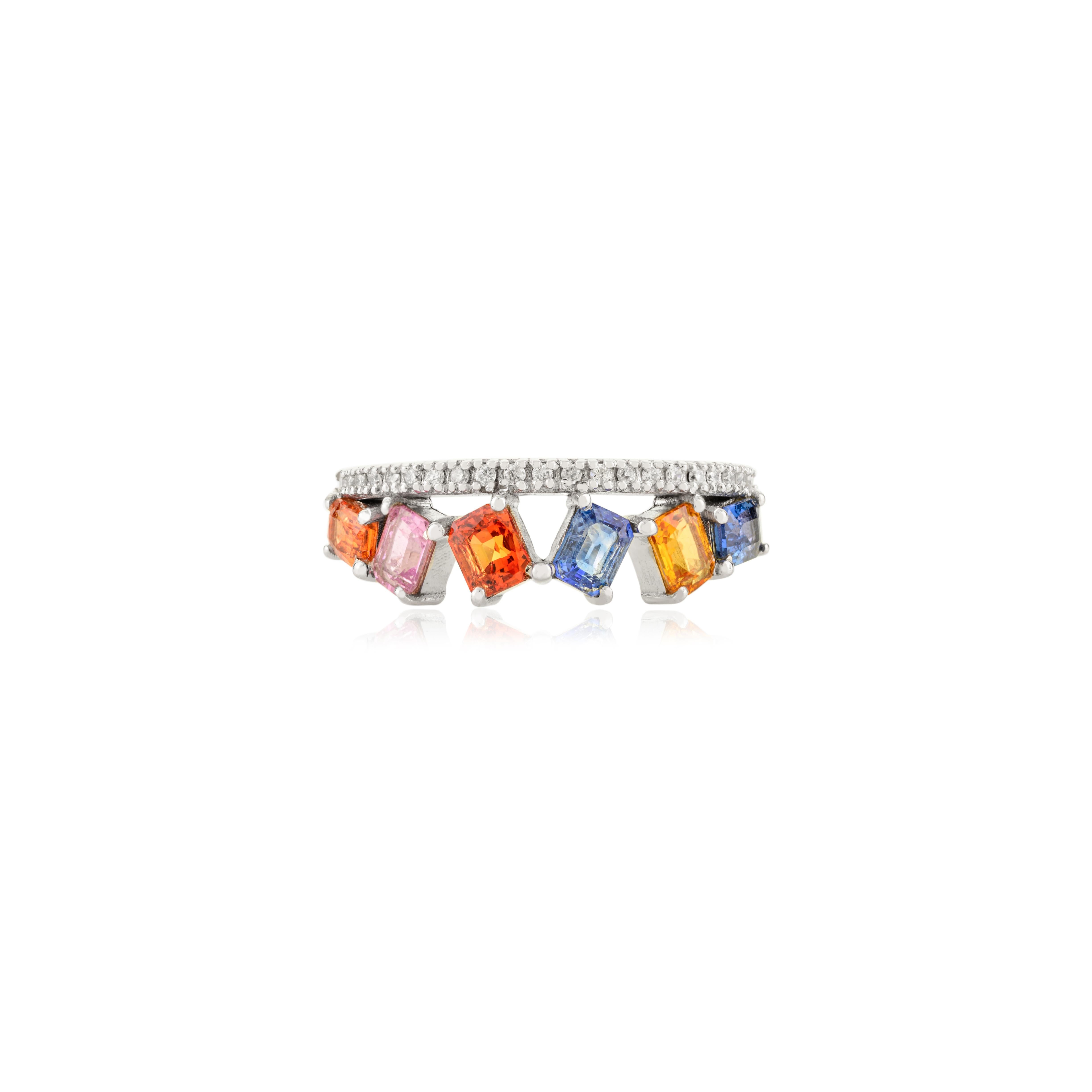 in vendita:  Trendy 14K Solid White Gold Square Multi-Sapphires & Diamond Band Ring for Her 3