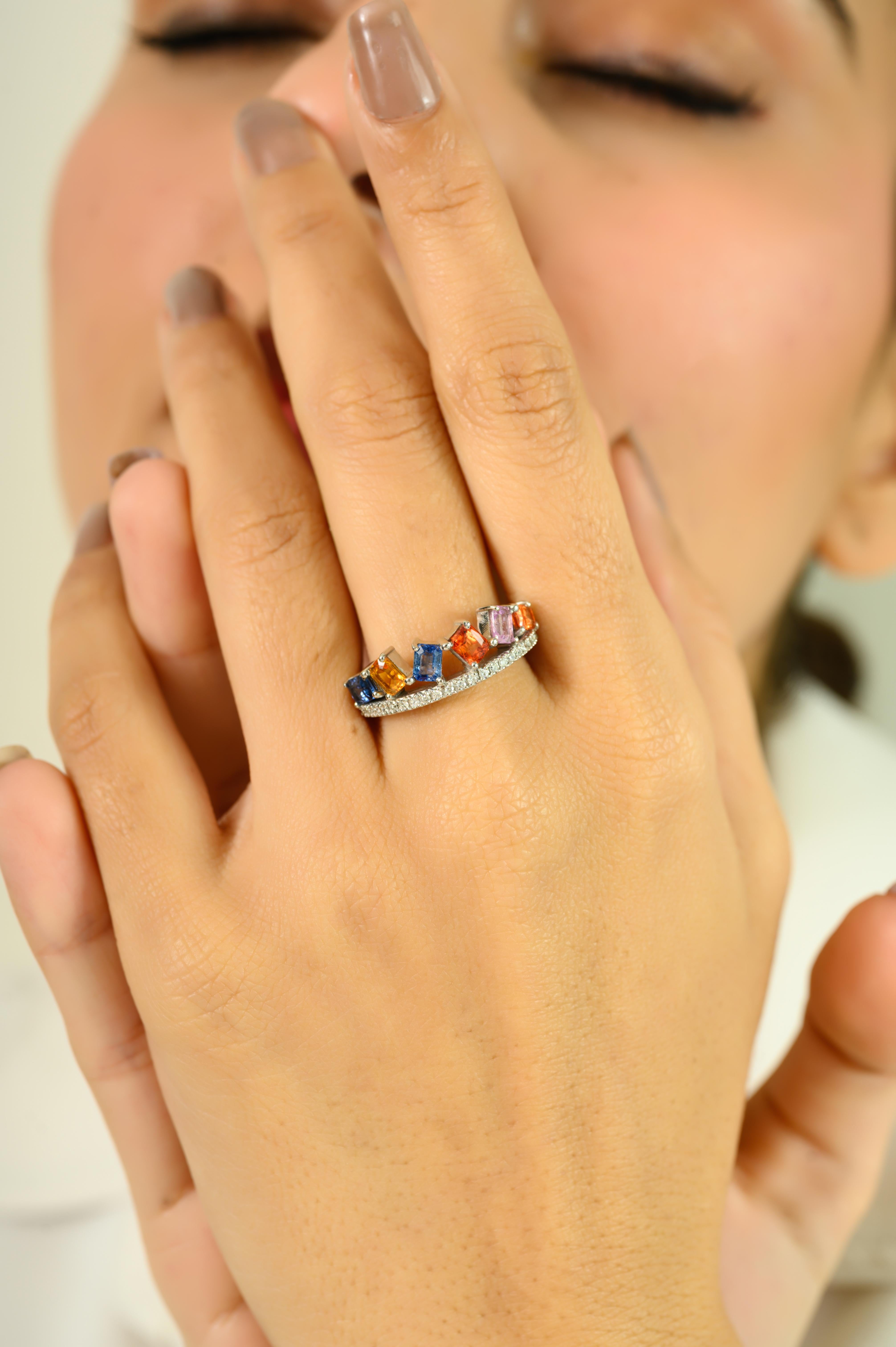 in vendita:  Trendy 14K Solid White Gold Square Multi-Sapphires & Diamond Band Ring for Her 4