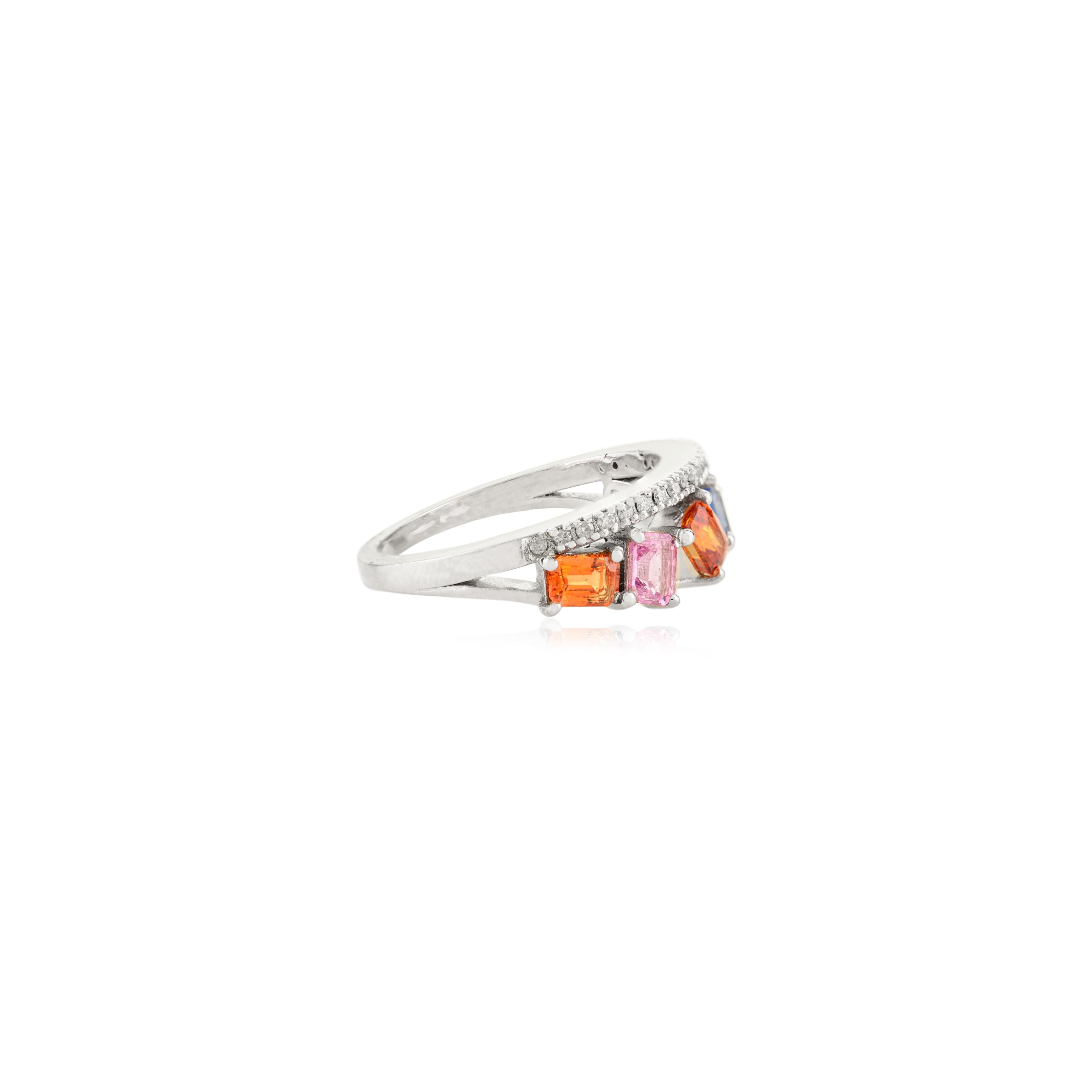 in vendita:  Trendy 14K Solid White Gold Square Multi-Sapphires & Diamond Band Ring for Her 5