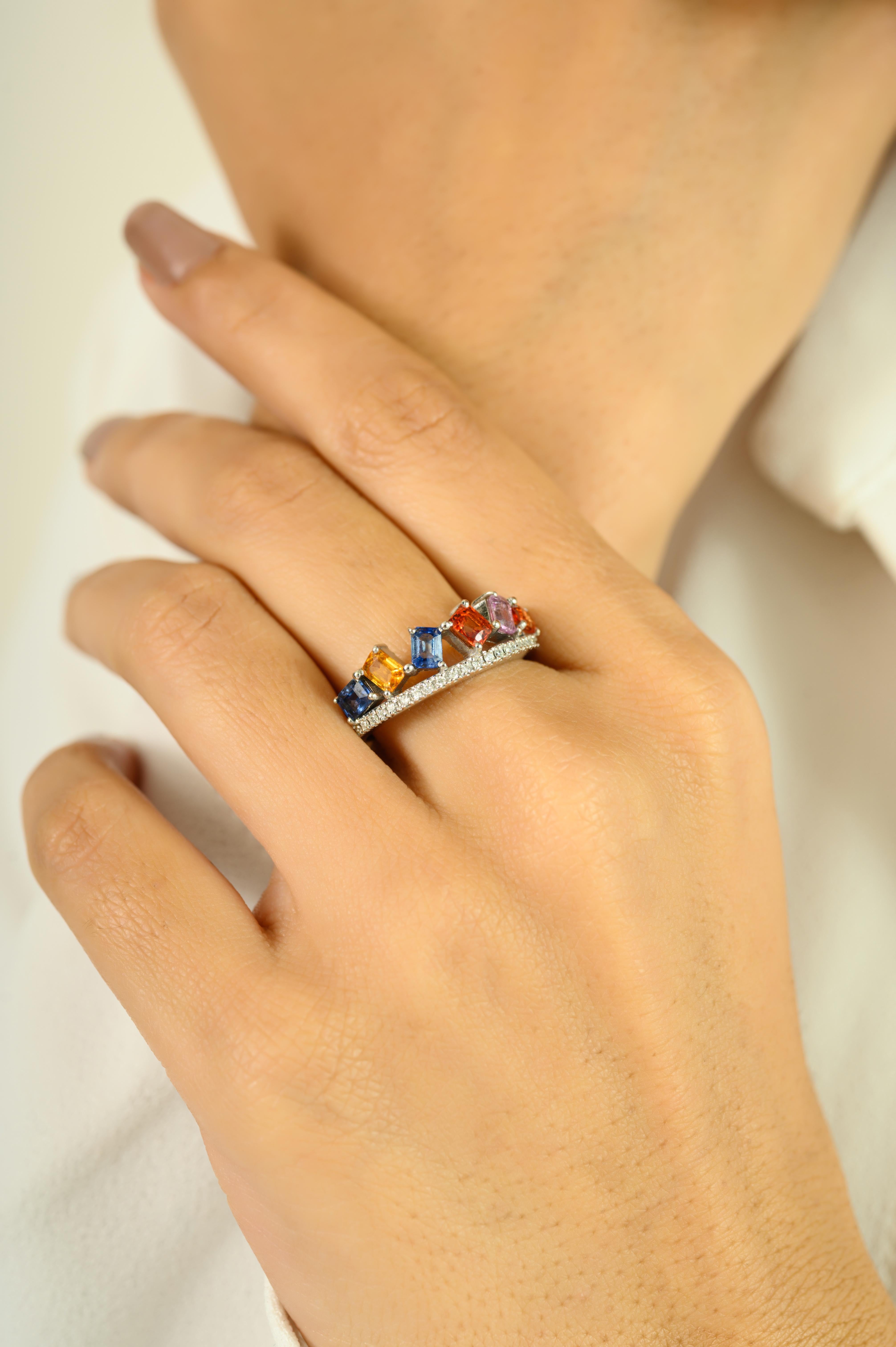 in vendita:  Trendy 14K Solid White Gold Square Multi-Sapphires & Diamond Band Ring for Her 6