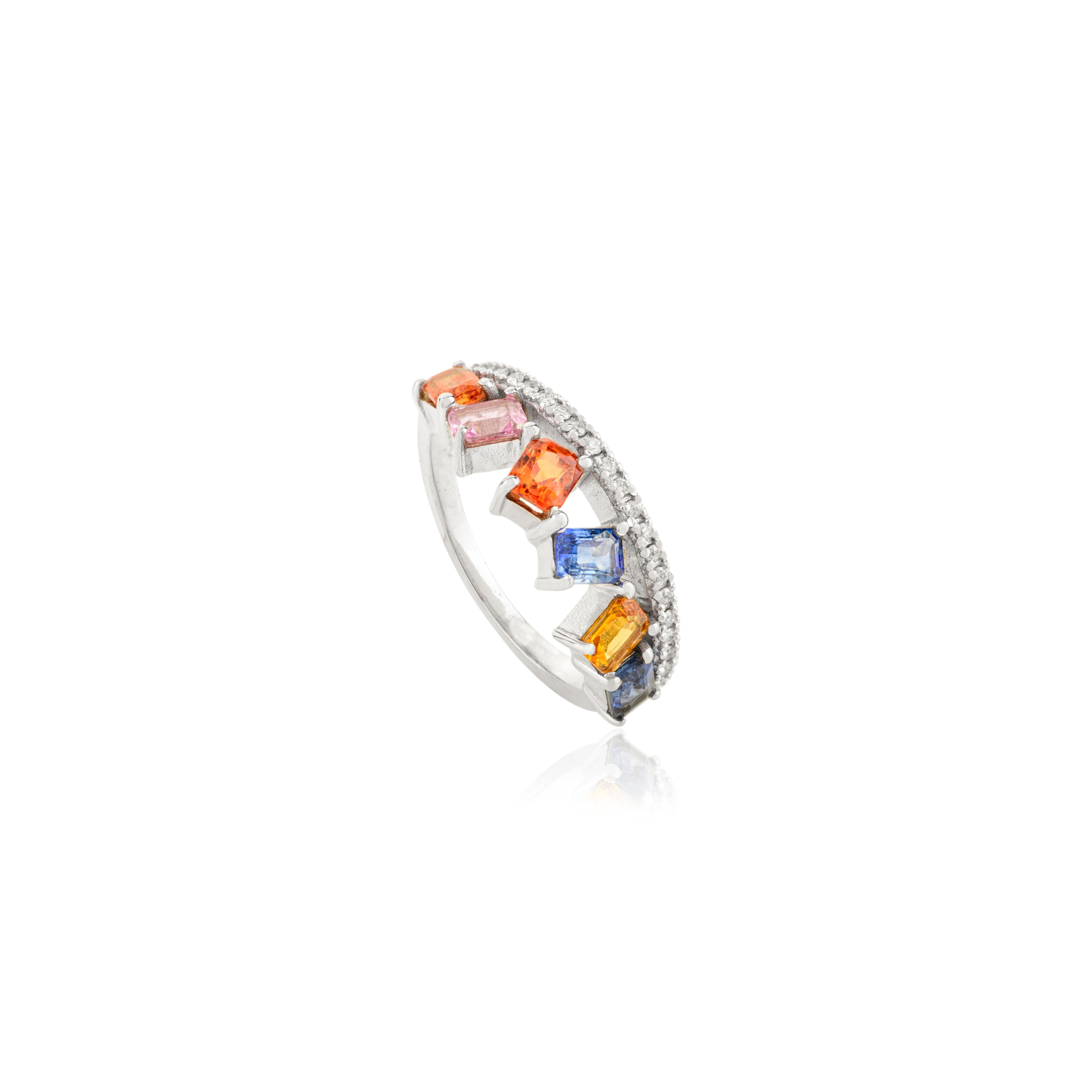 in vendita:  Trendy 14K Solid White Gold Square Multi-Sapphires & Diamond Band Ring for Her 9