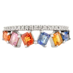 Trendy 14K Solid White Gold Square Multi-Sapphires & Diamond Band Ring for Her