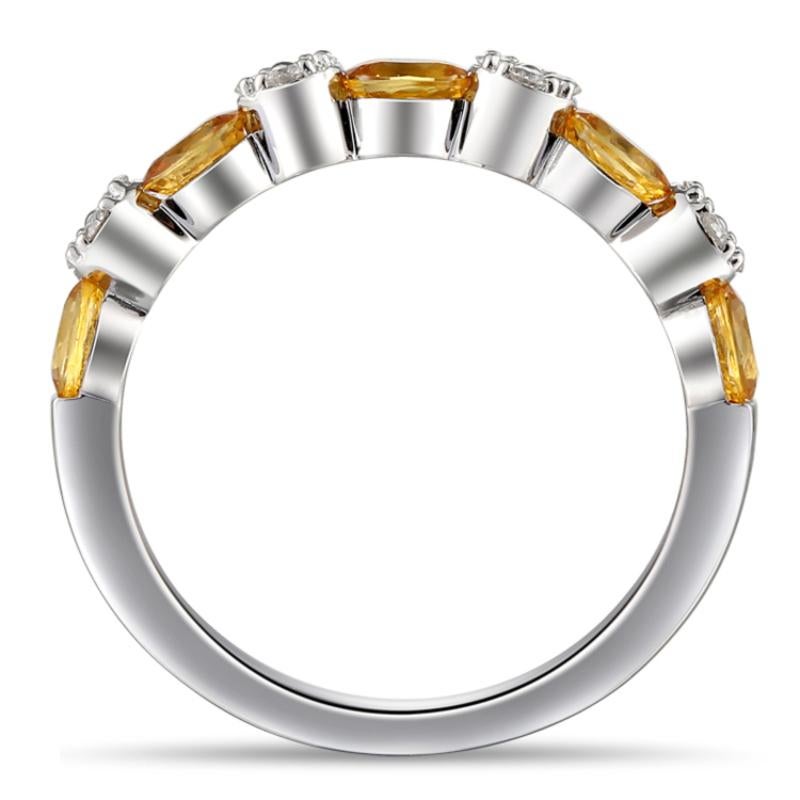 Contemporary Trendy 18 Karat White Gold and Yellow Sapphires Diamond Ring For Sale