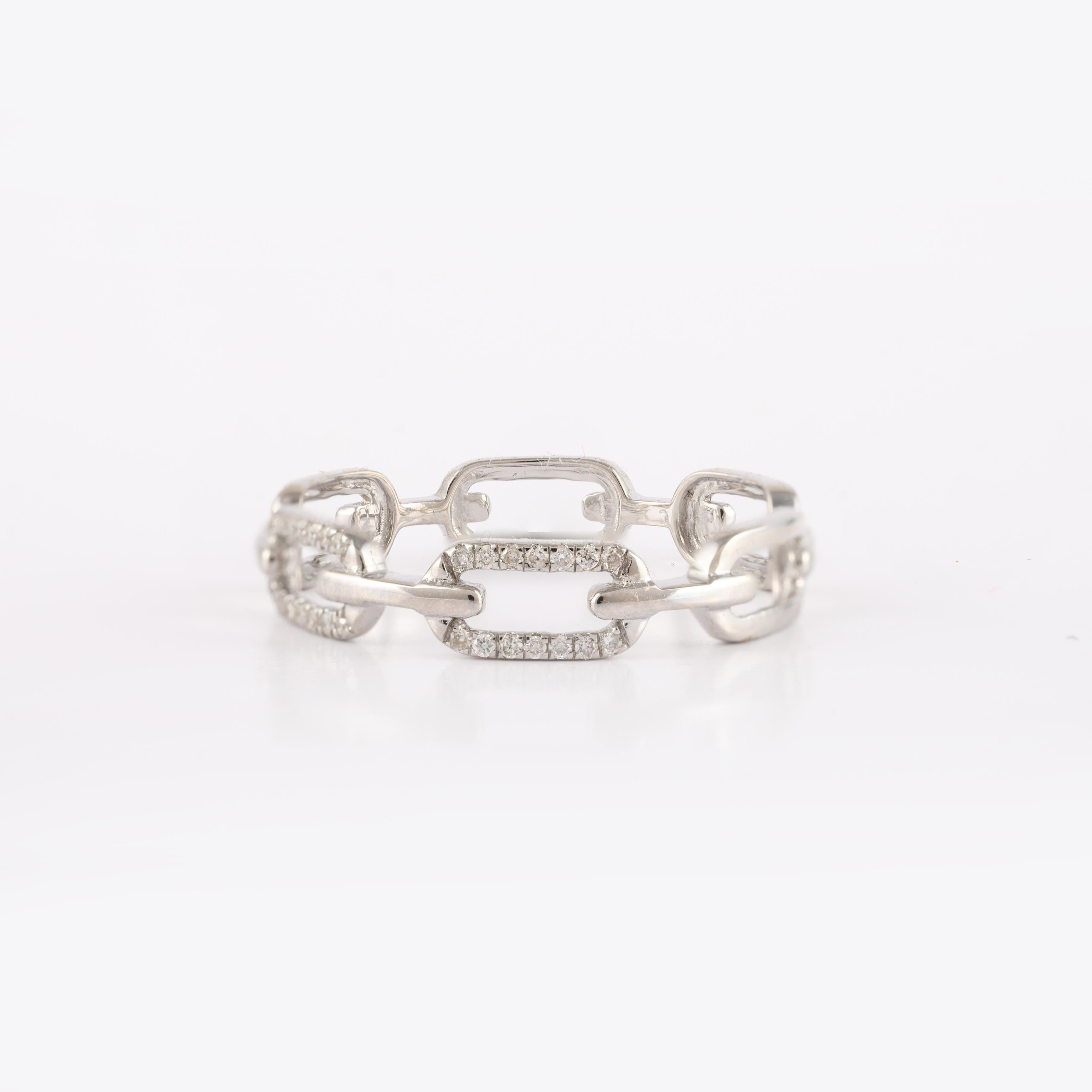 For Sale:  Trendy Diamond Studded Paperclip Chain Ring in 18k Solid White Gold 2