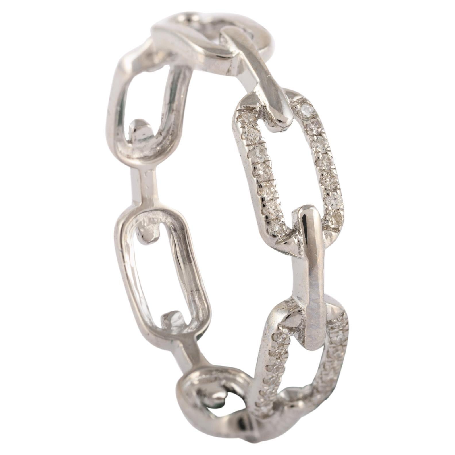 Trendy Diamond Studded Paperclip Chain Ring in 18k Solid White Gold