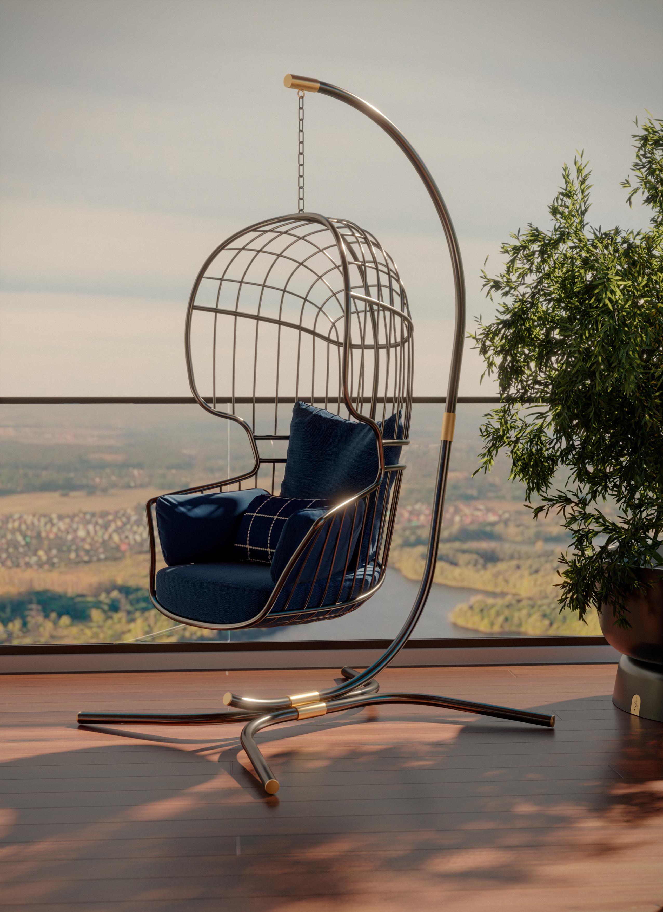 Sedia a sospensione di tendenza in metallo placcato oro con base rivestita in lacca bianca in vendita 1