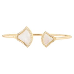 Trendy Mother of Pearl With Diamonds Fan Open Cuff Bangle in 14k Yellow Gold