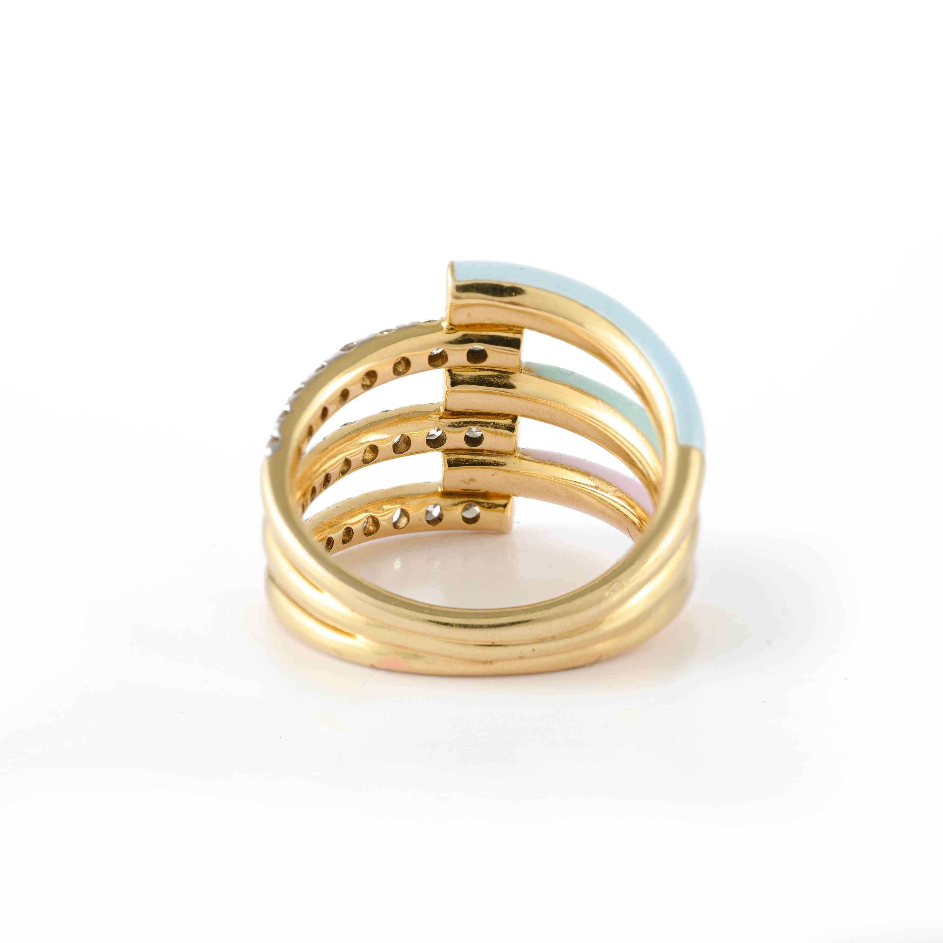 For Sale:  Trendy Multi Enamel Ring with Diamonds Embedded in Solid 14k Yellow Gold 7