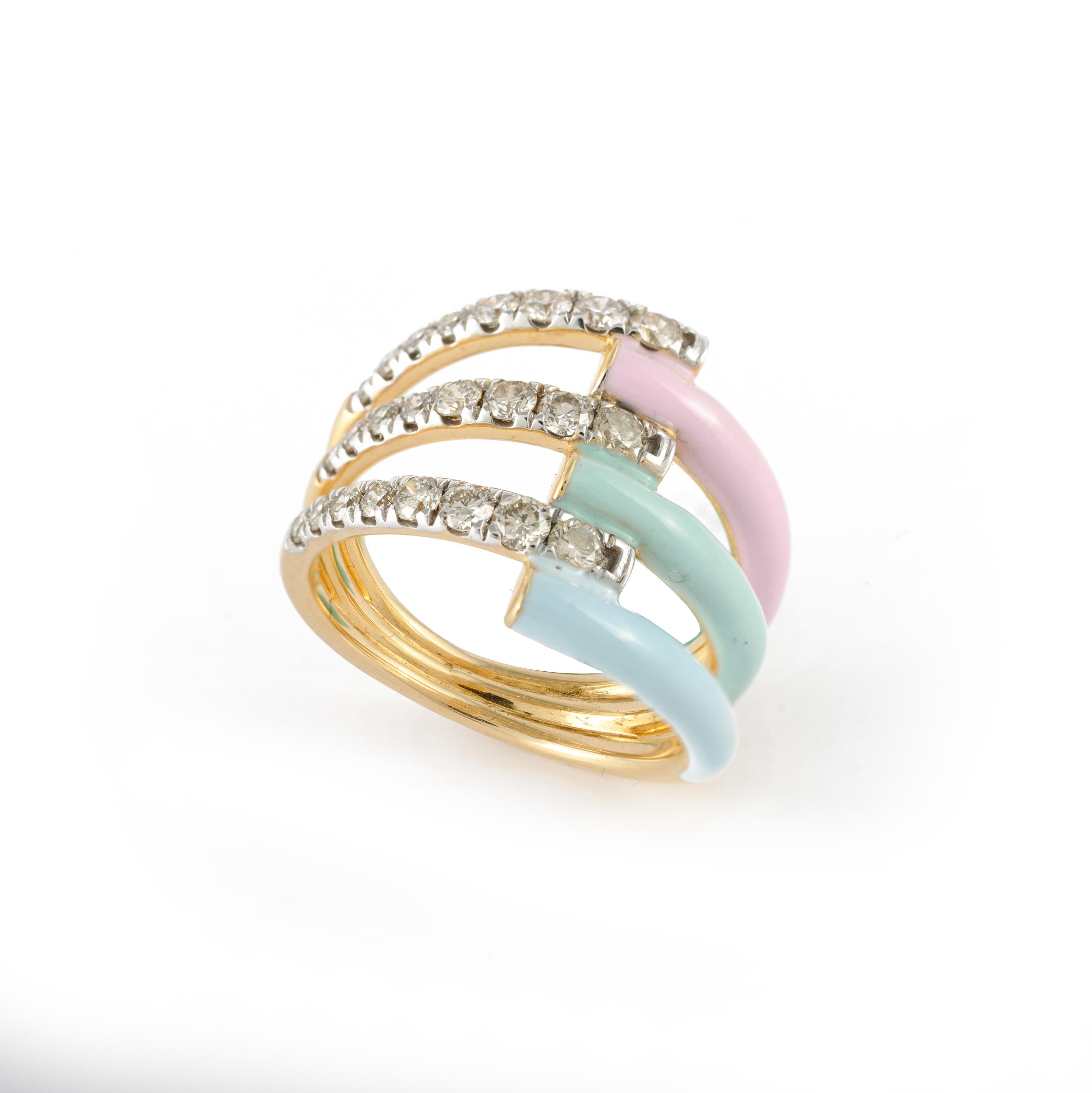 For Sale:  Trendy Multi Enamel Ring with Diamonds Embedded in Solid 14k Yellow Gold 9