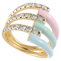 Trendy Multi Enamel Ring with Diamonds Embedded in Solid 14k Yellow Gold