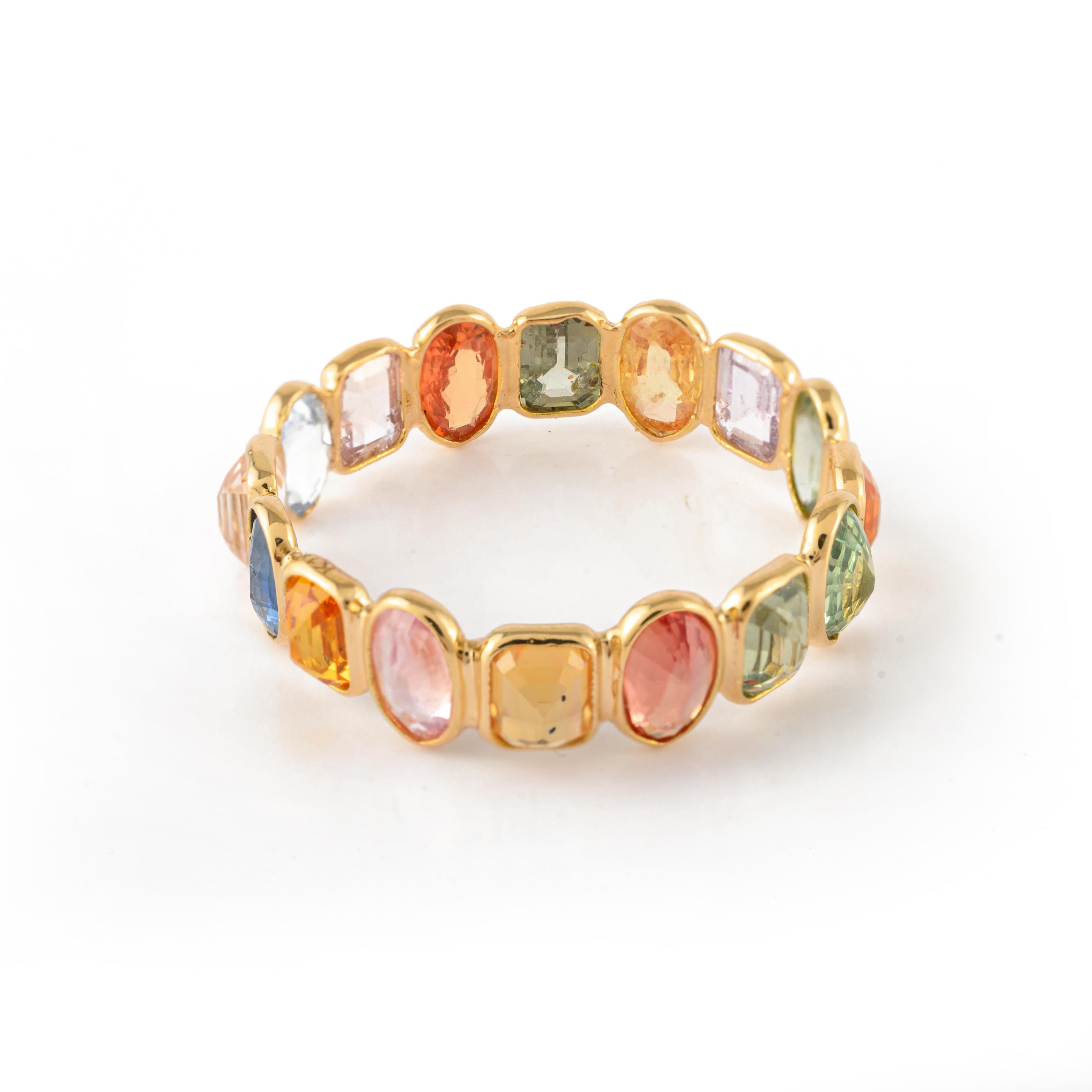 For Sale:  Trendy Multi Sapphire Eternity Band Ring in 18k Yellow Gold 7