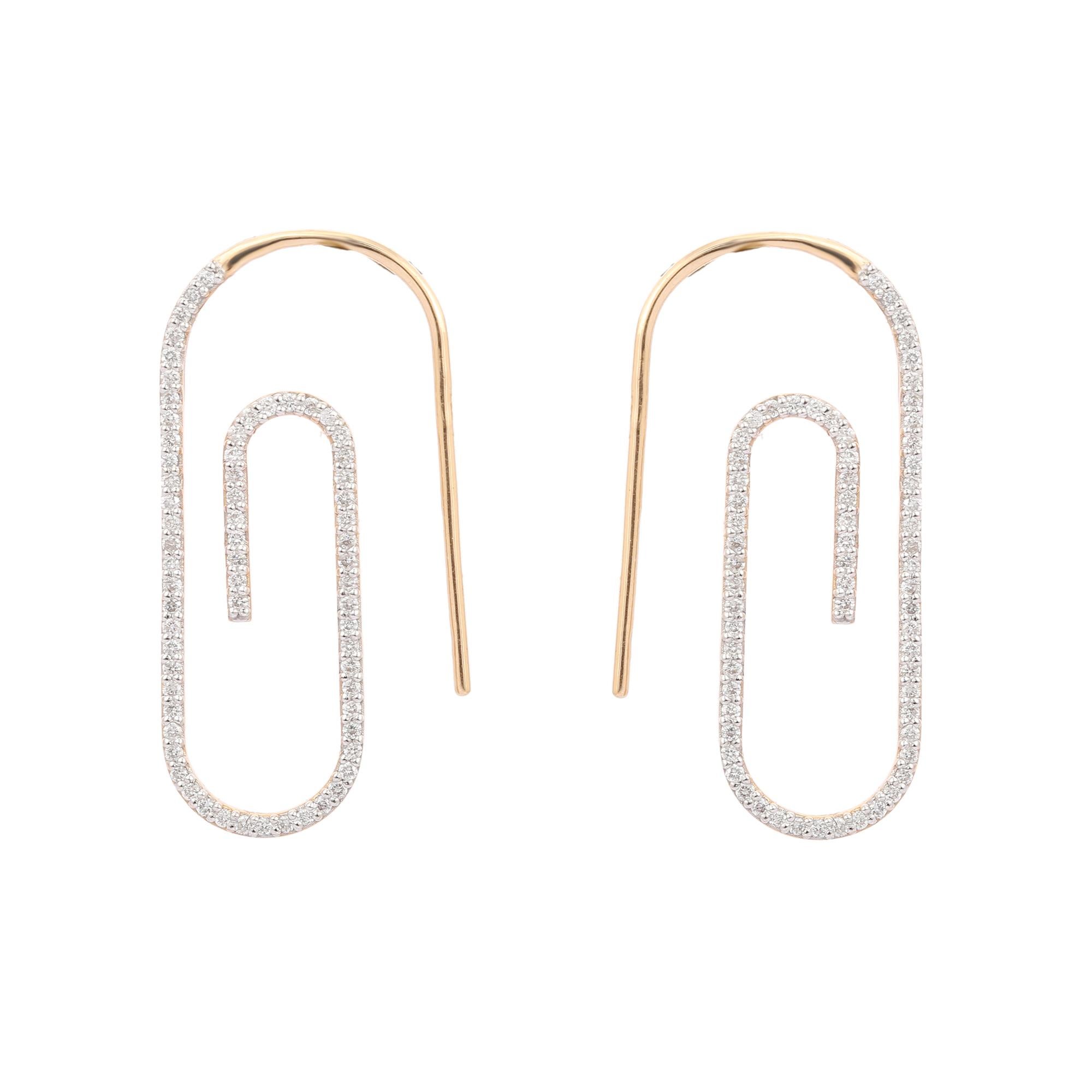 14K Yellow Gold Designer Diamond Hoop Earrings create a subtle beauty while showcasing the colors of the natural diamonds. Light Weighted Diamond Earrings for Complete your designer look. 
Round cut diamonds in 14K gold. Embrace your look with these