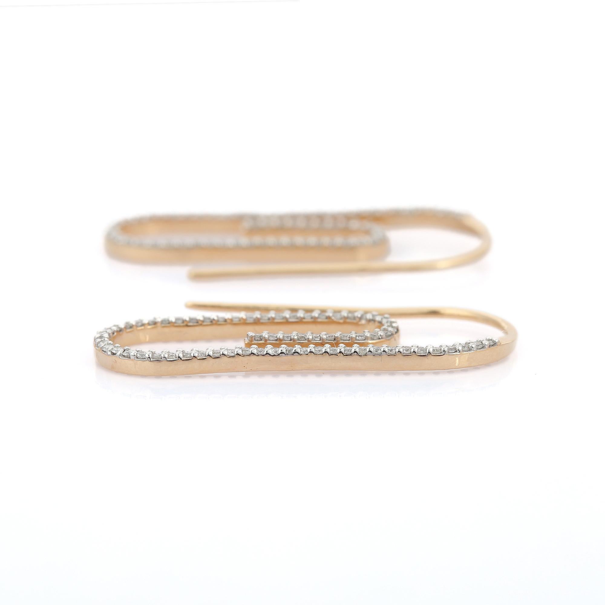 Round Cut Trendy Paper Clip Diamond Earrings in 14K Yellow Gold For Her For Sale