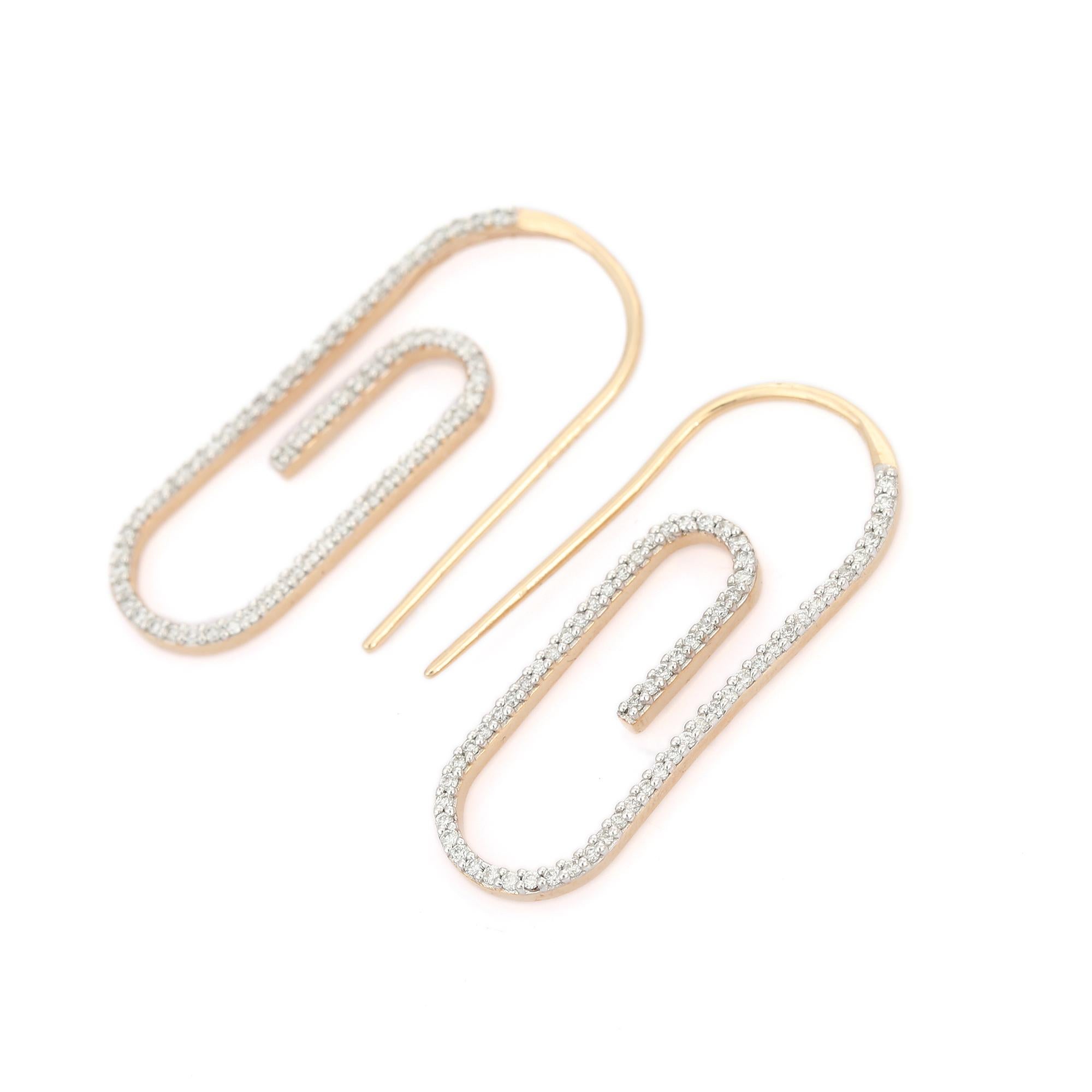 Trendy Paper Clip Diamond Earrings in 14K Yellow Gold For Her For Sale 1