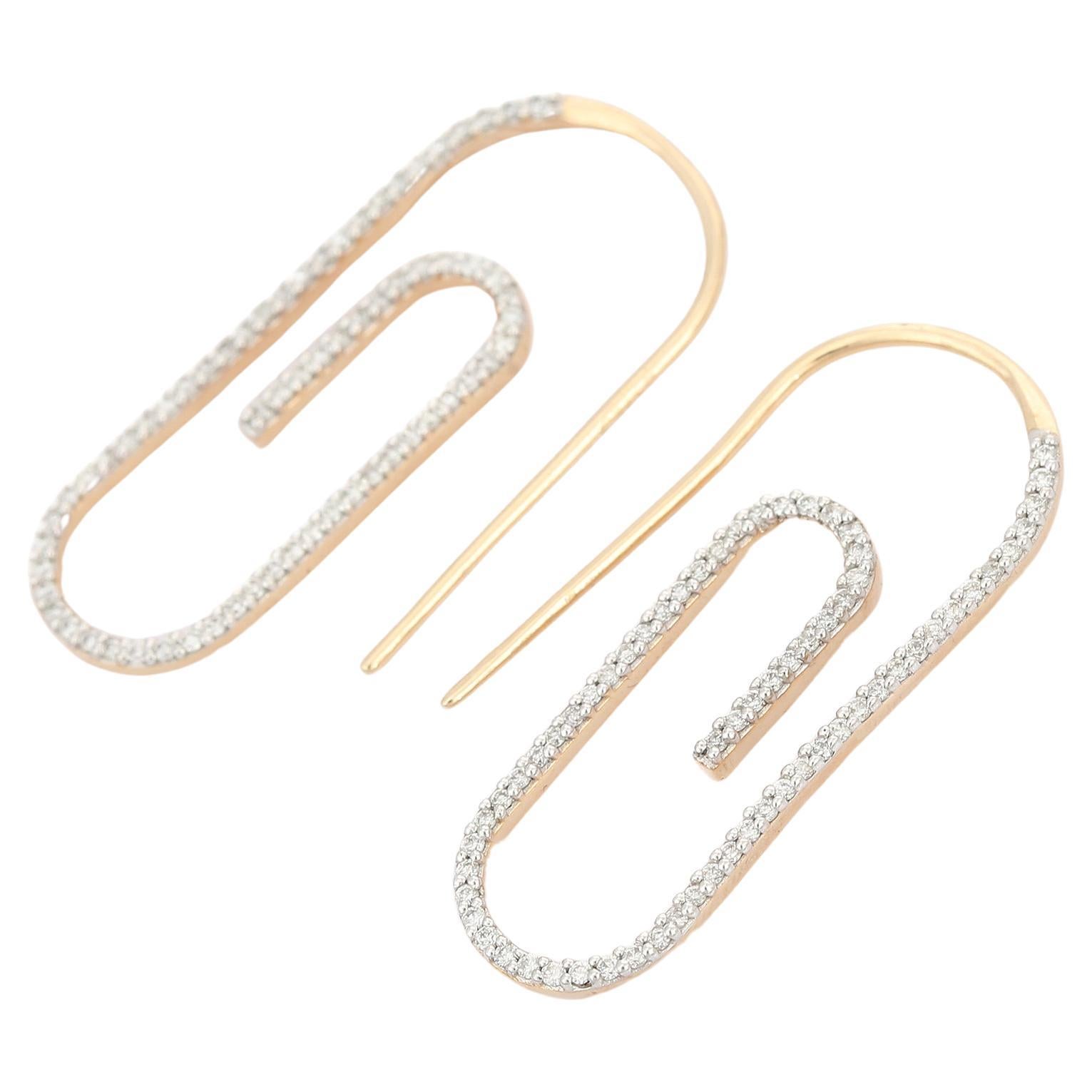 Trendy Paper Clip Diamond Earrings in 14K Yellow Gold For Her For Sale