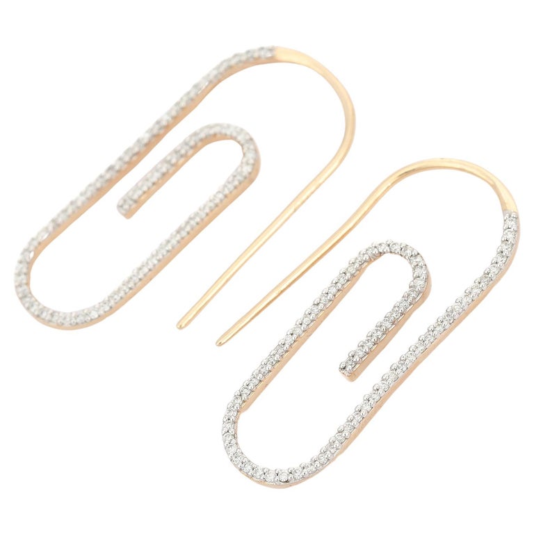 Trendy Paper Clip Diamond Earrings in 14K Yellow Gold For Her For Sale at 1stDibs