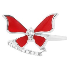 Trendy Red Enamel Diamond Butterfly Wrap Ring 14K White Gold Modern Fashion