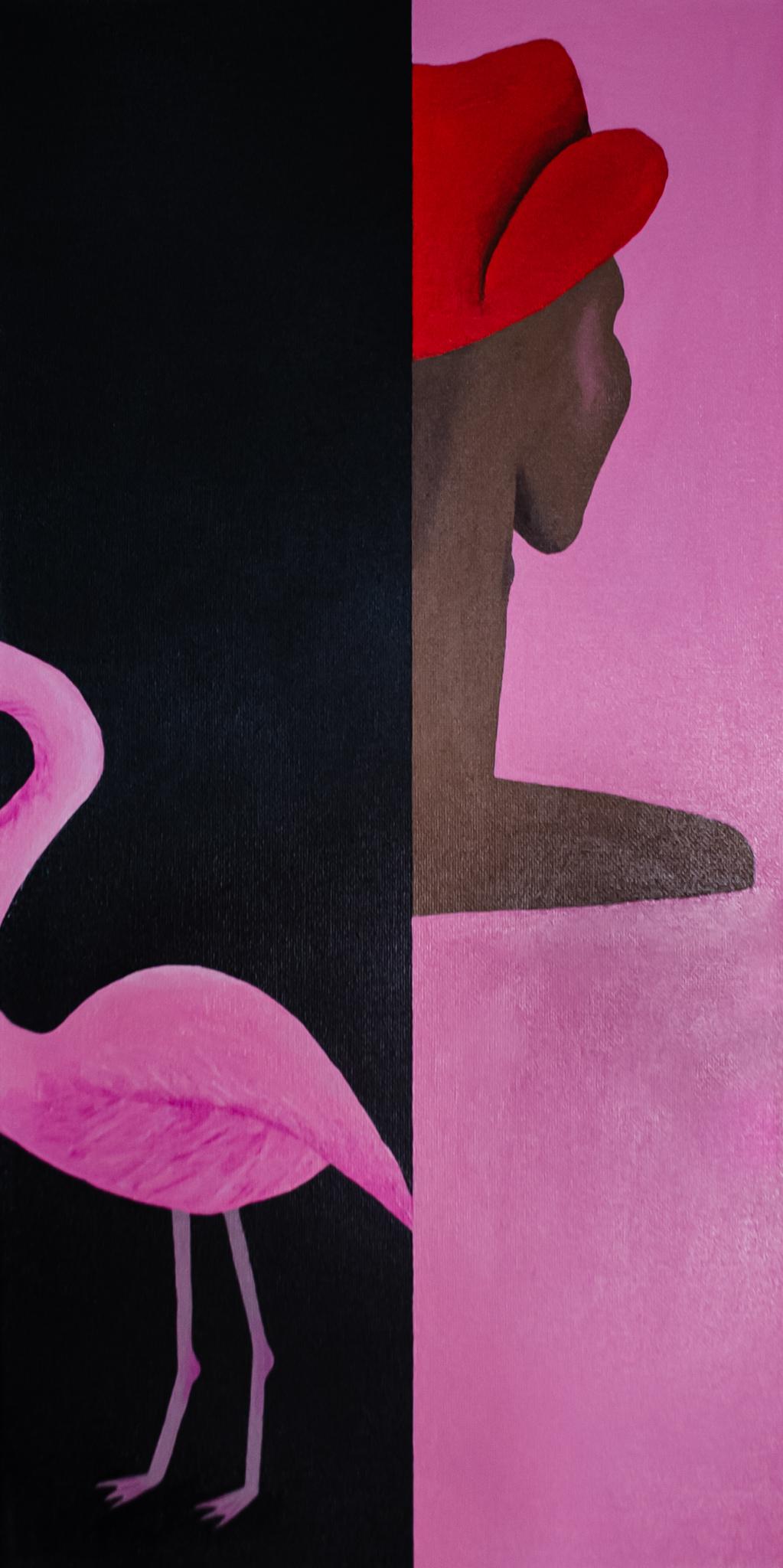 Figurative Painting Trenity Thomas - Flamingo et cow-boy