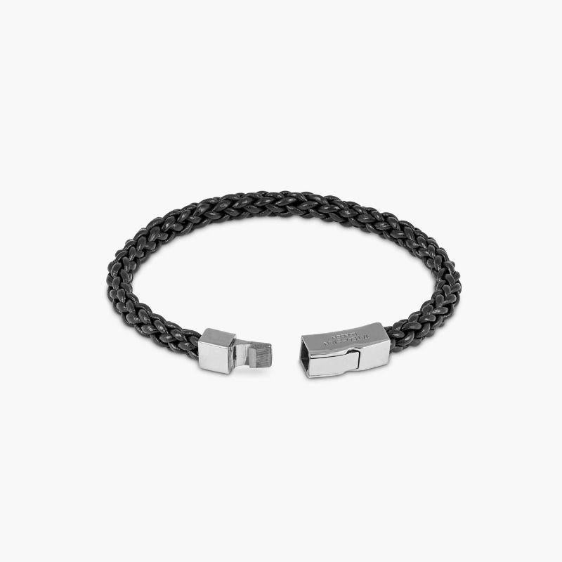 Bracelet Trenza en cuir noir et argent sterling rhodié noir, taille L Pour hommes en vente
