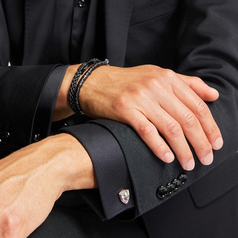 Men's Trenza Bracelet in Black Leather with Black Rhodium Sterling Silver, Size L For Sale