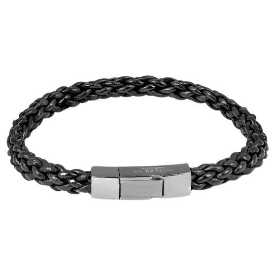 Trenza Bracelet in Black Leather with Black Rhodium Sterling Silver, Size L For Sale