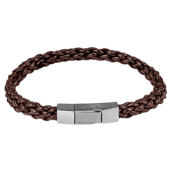 Trenza Bracelet in Brown Leather & Black Rhodium Plated Sterling Silver, Size L For Sale