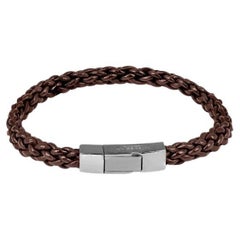 Bracelet Trenza en cuir marron et argent sterling plaqué rhodium noir, taille L