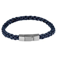Trenza-Armband aus marineblauem Leder mit schwarz Rhodiumbeschichtetem Sterlingsilber - L