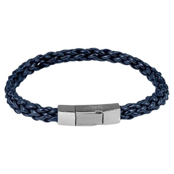 Trenza Bracelet in Navy Leather with Black Rhodium Plated Sterling Silver, Size