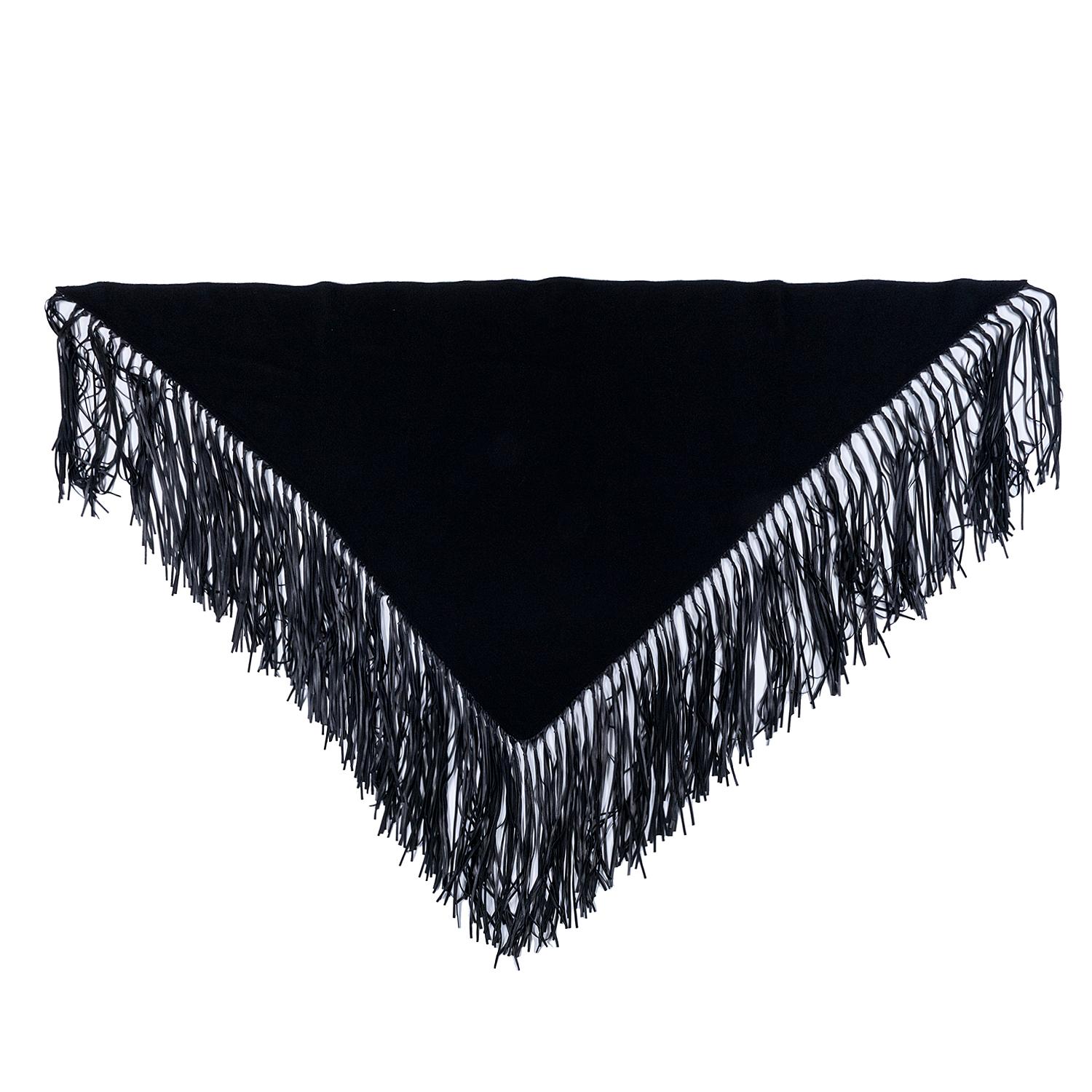 Women's Tres Chic Hermes Black Cashmere & Wool Shawl Trimmed with Leather Tassel Fringe