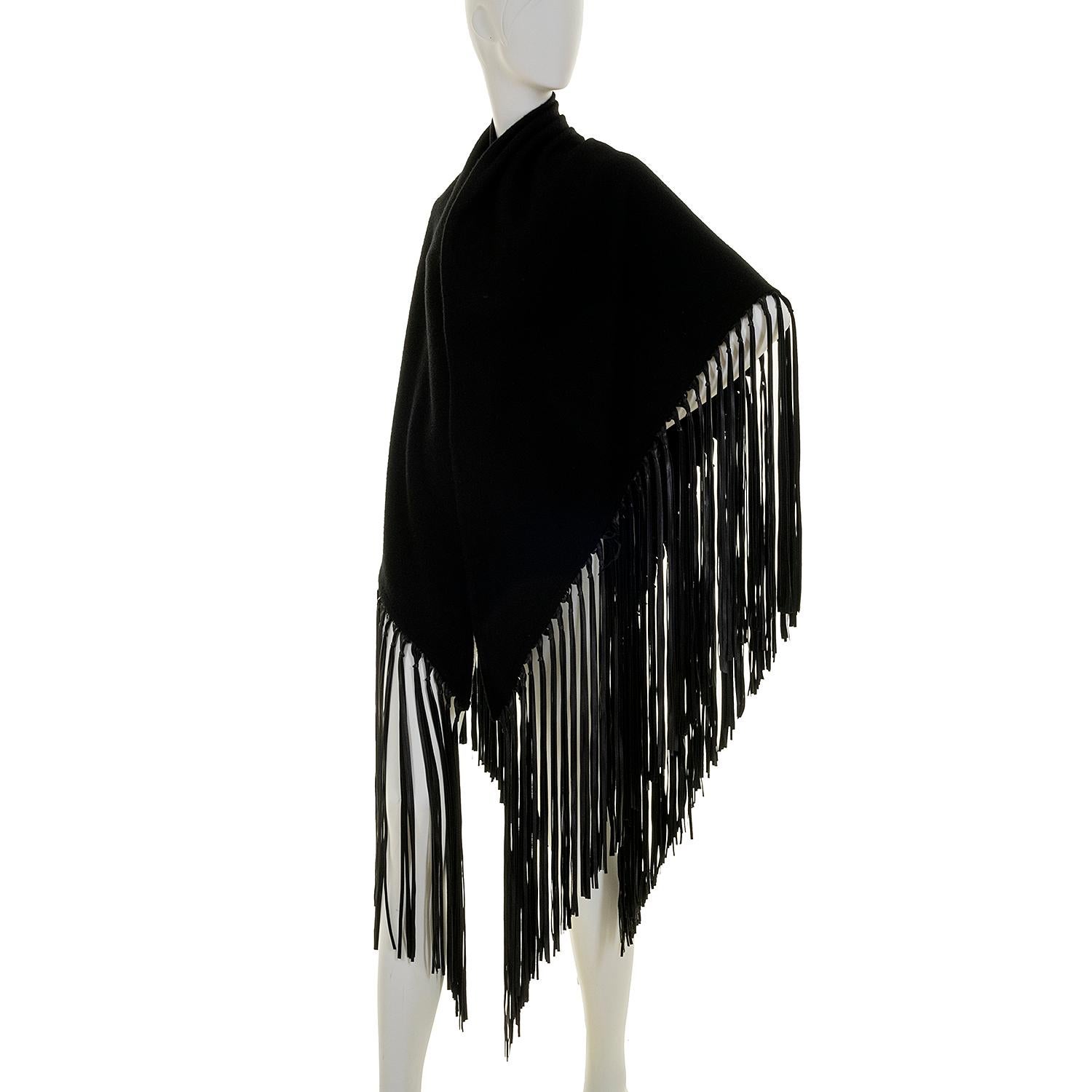 Tres Chic Hermes Black Cashmere & Wool Shawl Trimmed with Leather Tassel Fringe 1