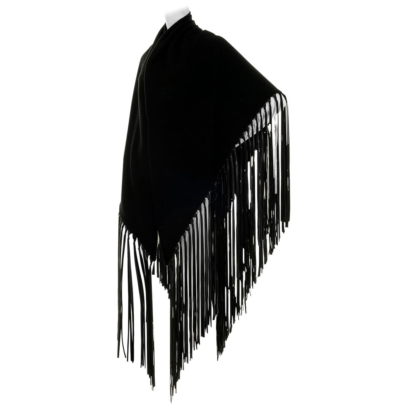 Tres Chic Hermes Black Cashmere & Wool Shawl Trimmed with Leather Tassel Fringe