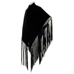 Tres Chic Hermes Black Cashmere & Wool Shawl Trimmed with Leather Tassel Fringe