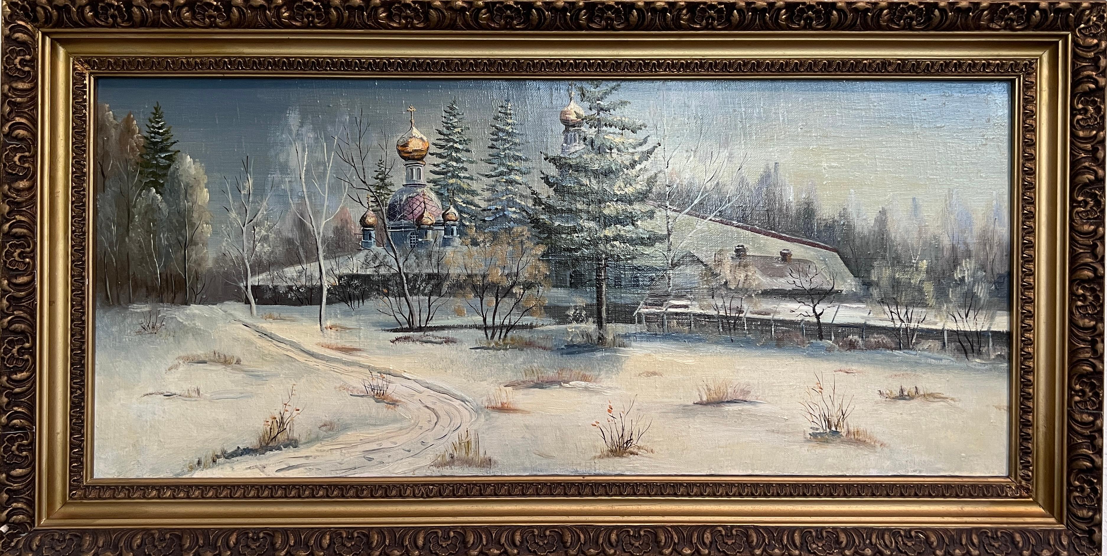 Oil Painting Winter Landscape with Russian Church –by Russian Artist Tresnevskiy