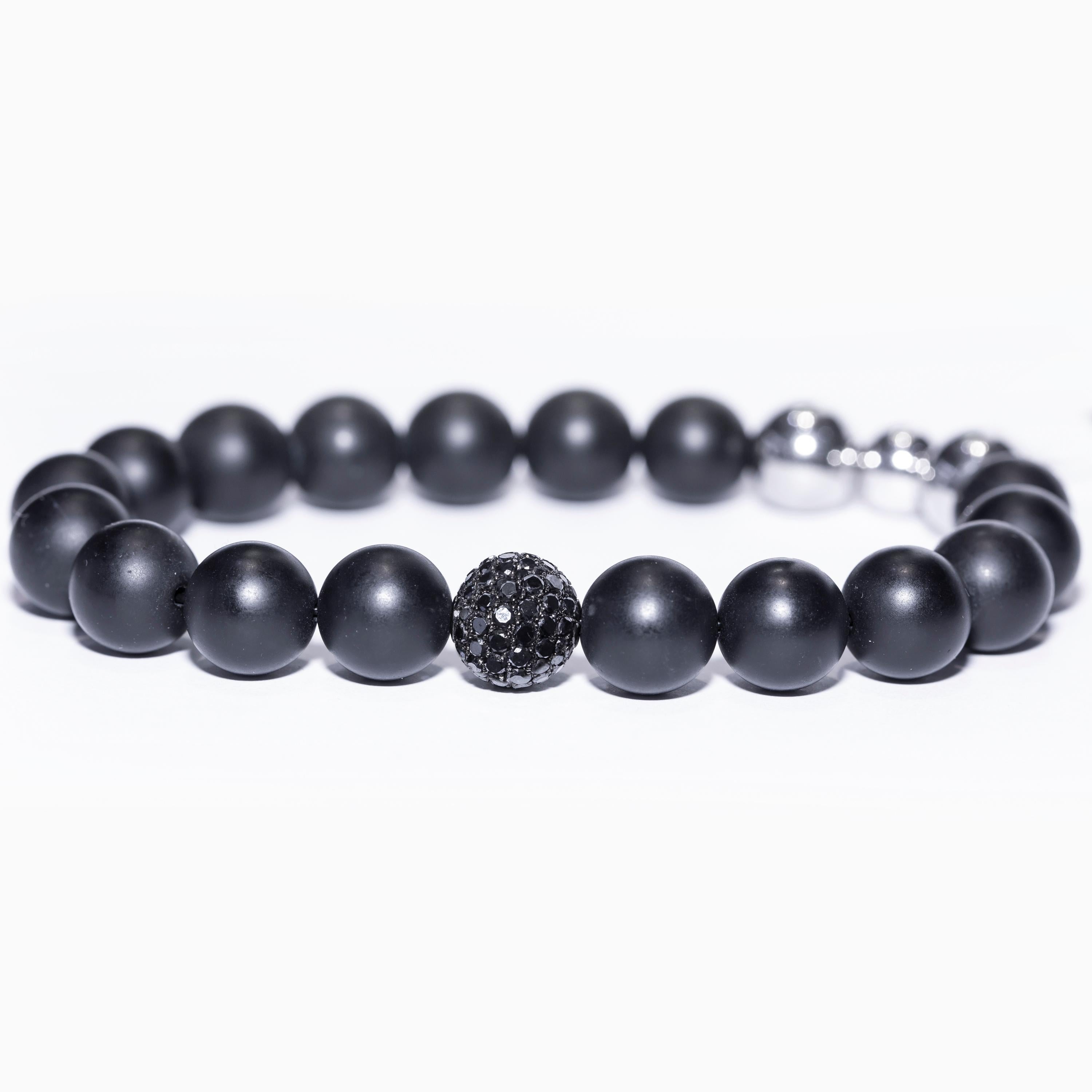 Modern Tresor 1.50 Carat Round Black Diamond 18KT Gold Steel Agate Men's Bead Bracelet For Sale