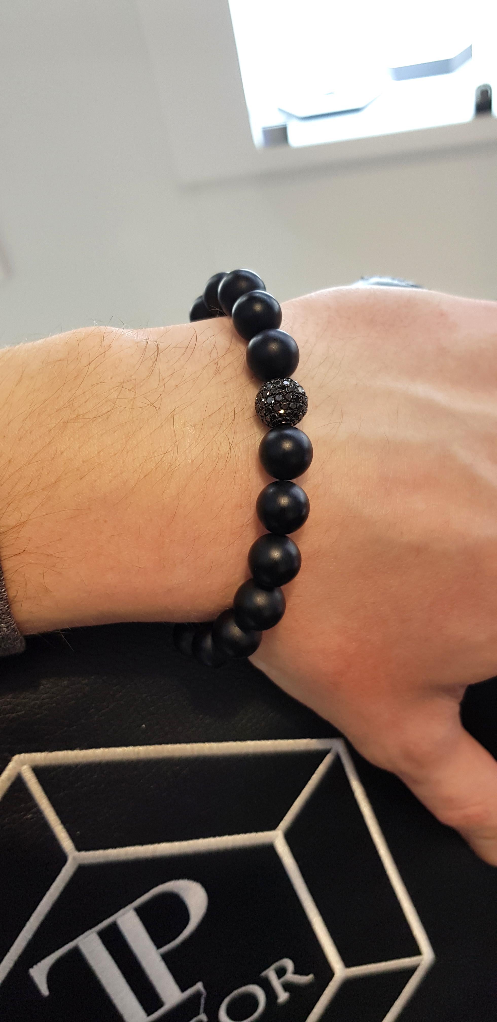 Round Cut Tresor 1.50 Carat Round Black Diamond 18KT Gold Steel Agate Men's Bead Bracelet For Sale