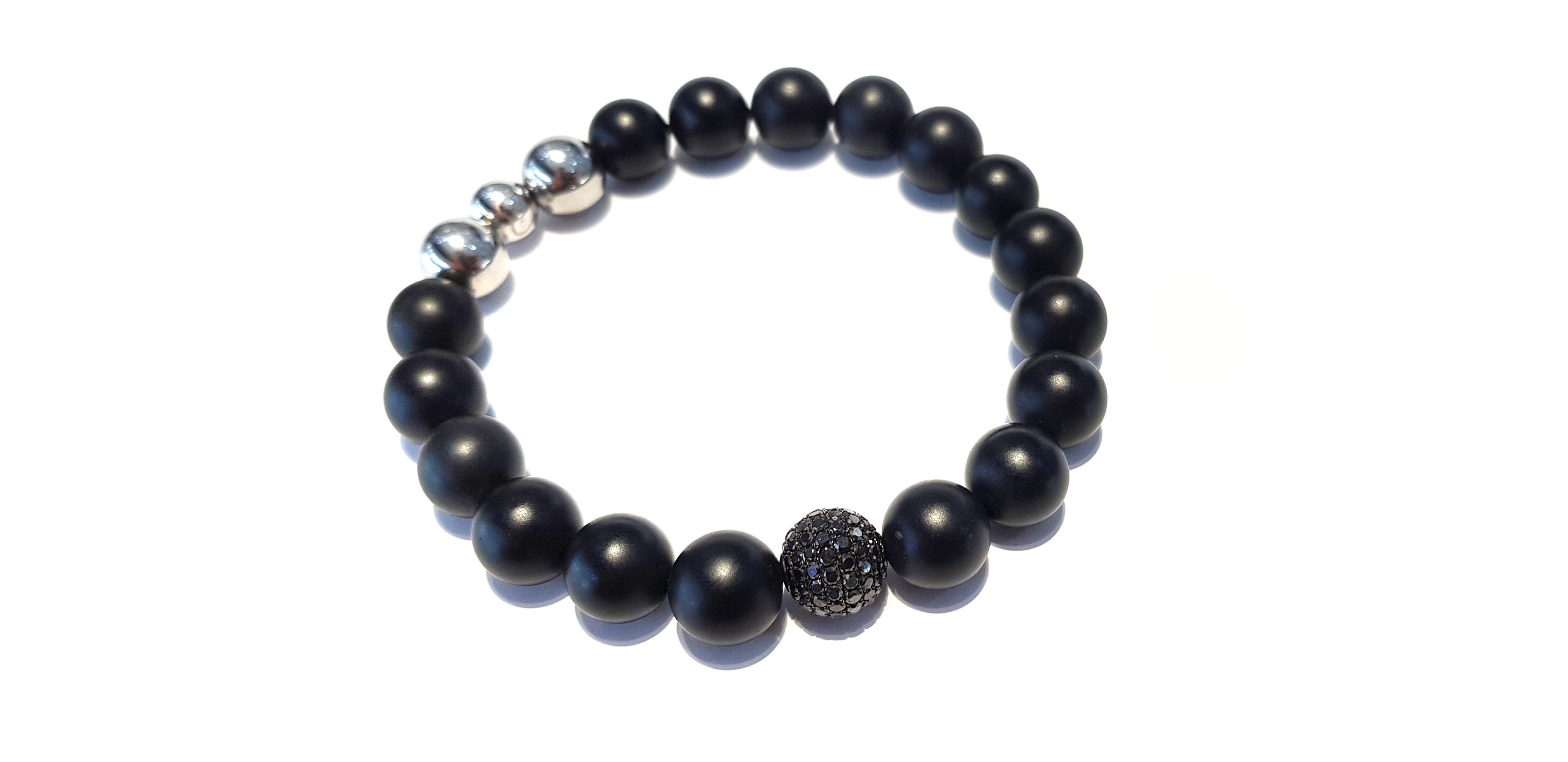 Women's or Men's Tresor 1.50 Carat Round Black Diamond 18KT Gold Steel Agate Men's Bead Bracelet For Sale