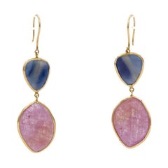 Tresor 18k Yellow Gold Rose Cut Organic Blue Pink Sapphire Dangle Drop Earrings