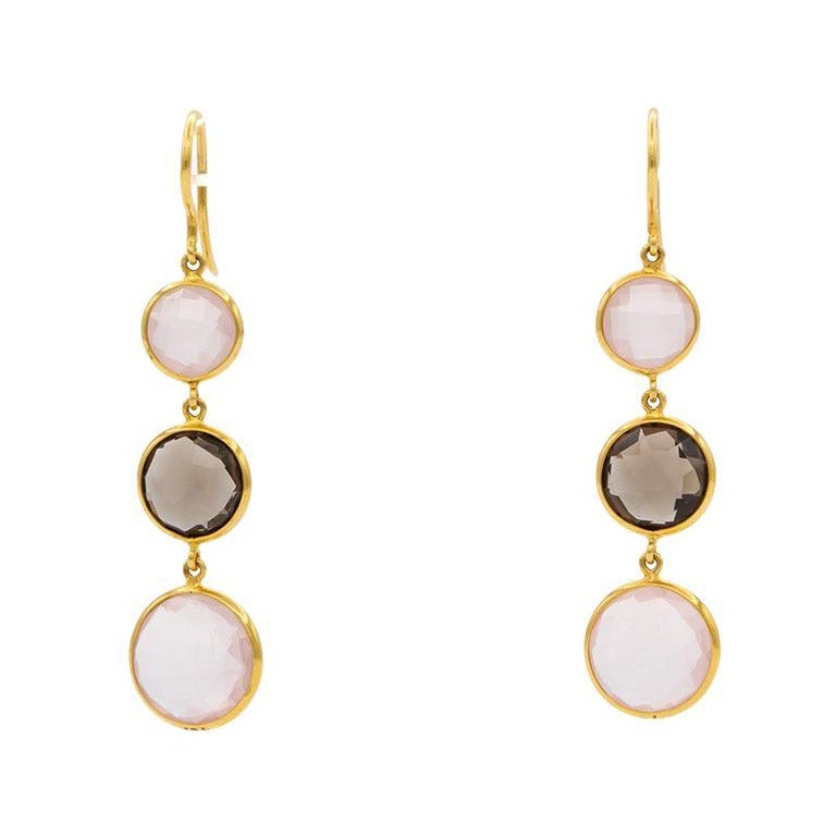 Tresor Tropfenohrringe, 18 Karat Gelbgold Rosen- und Rauchquarz Cabochon Quarz