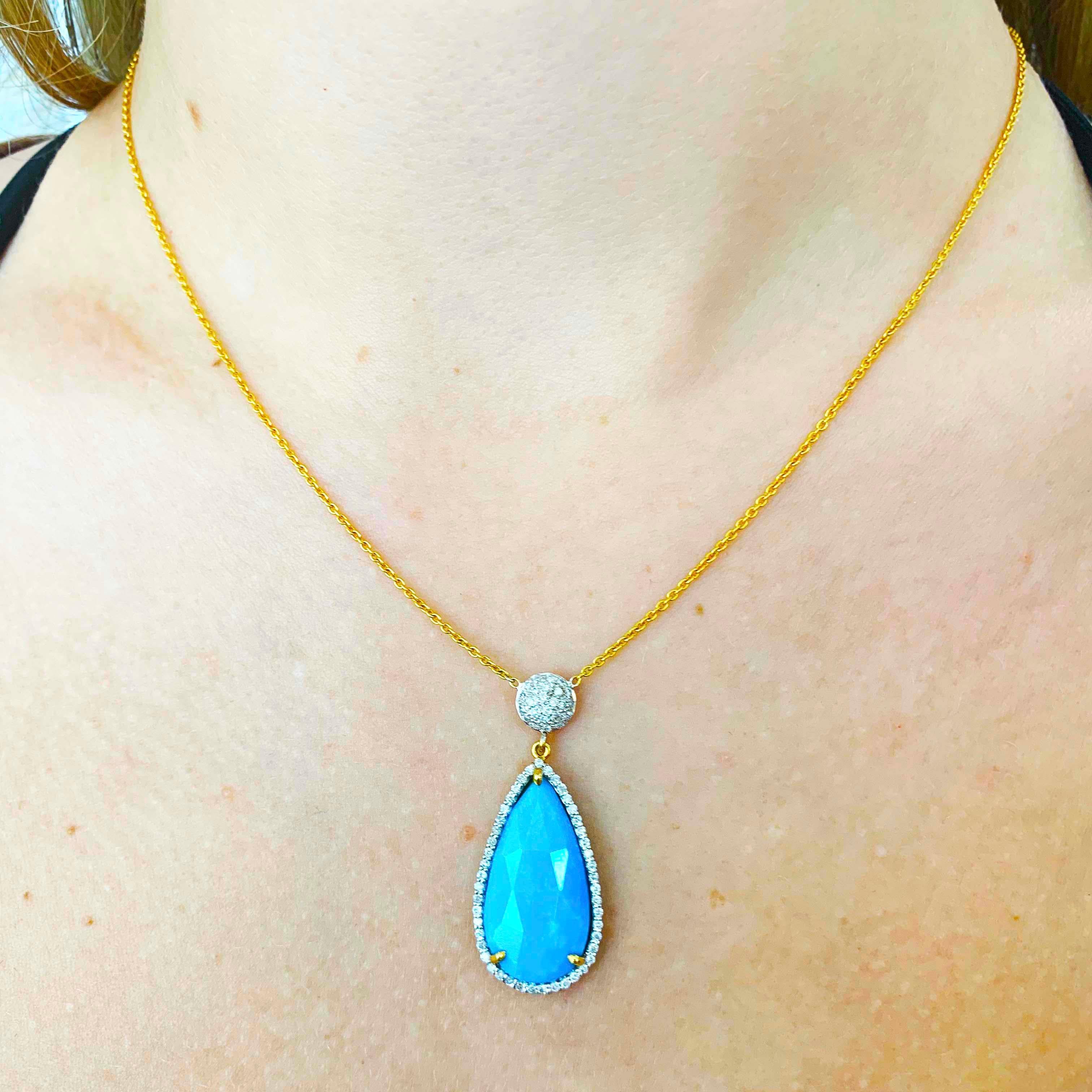 Artisan 7 Carat Turquoise Necklace with .50 Carat Diamond Necklace in 18 Karat, 7.50 ct