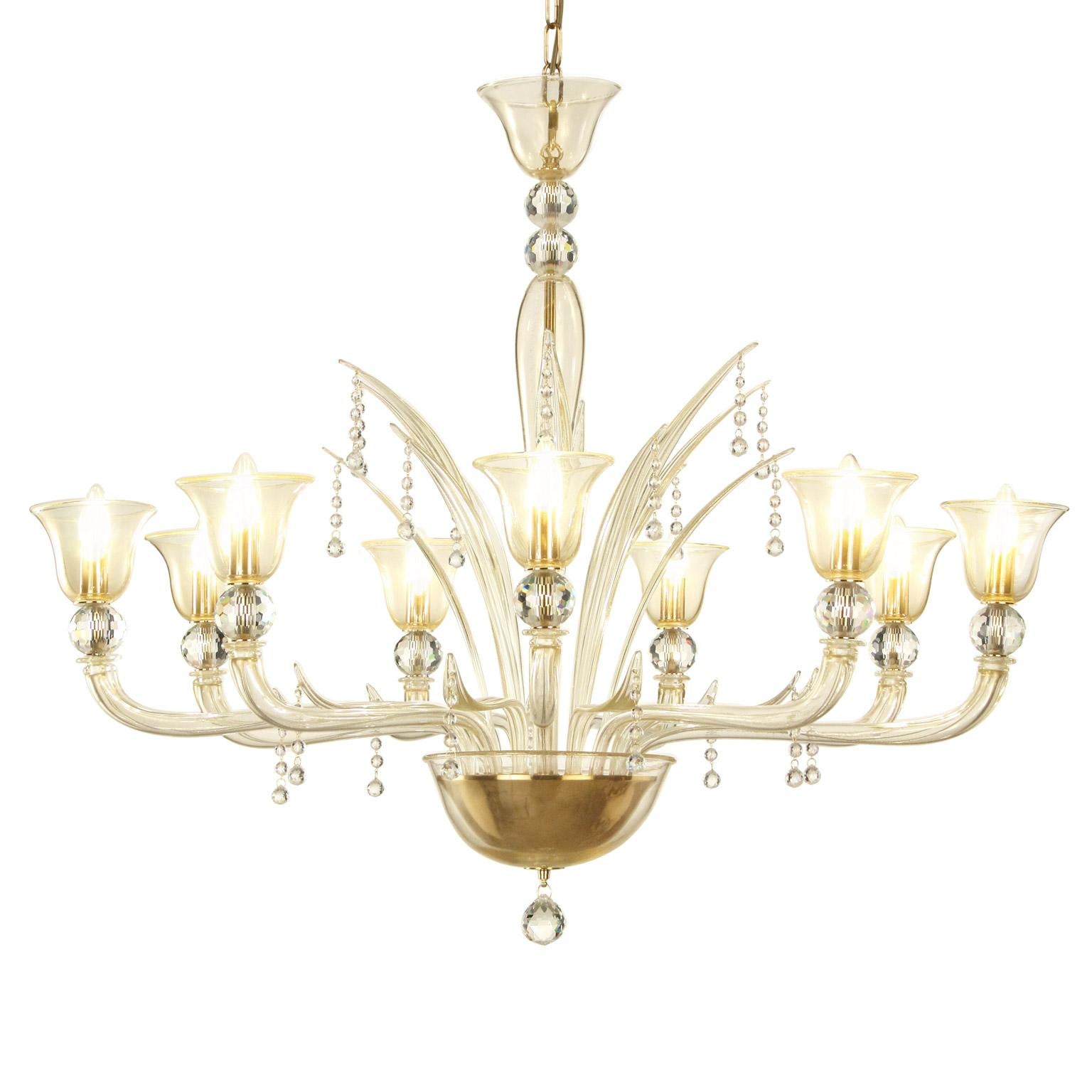 Italian Chandelier 9 arms Gold Color with precious Crystals details Tresor by Multiforme For Sale