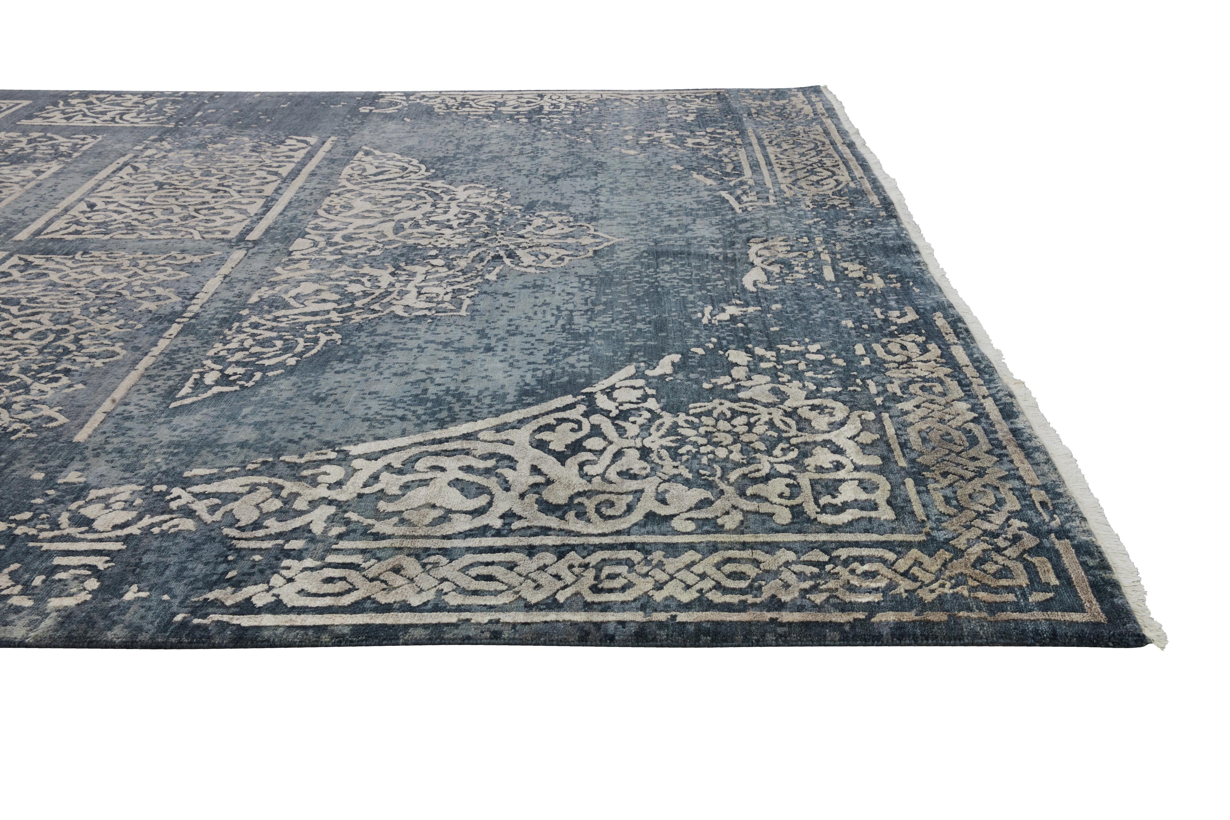 TRESOR Hand Knotted French Rococo Inspired Rug in Beige & Blue Colours by Hands For Sale 4