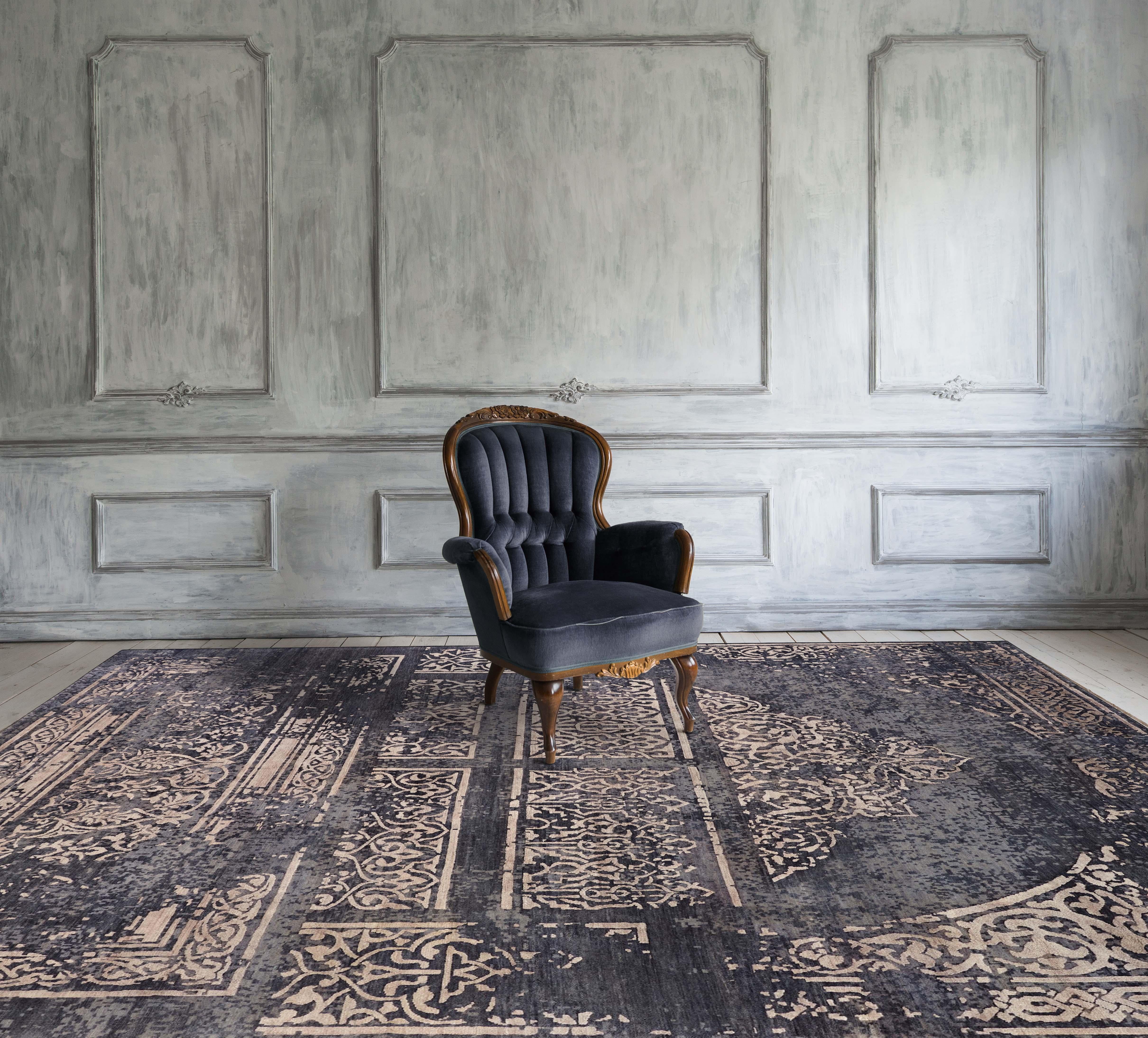 Indian TRESOR Hand Knotted French Rococo Inspired Rug in Beige & Blue Colours by Hands For Sale